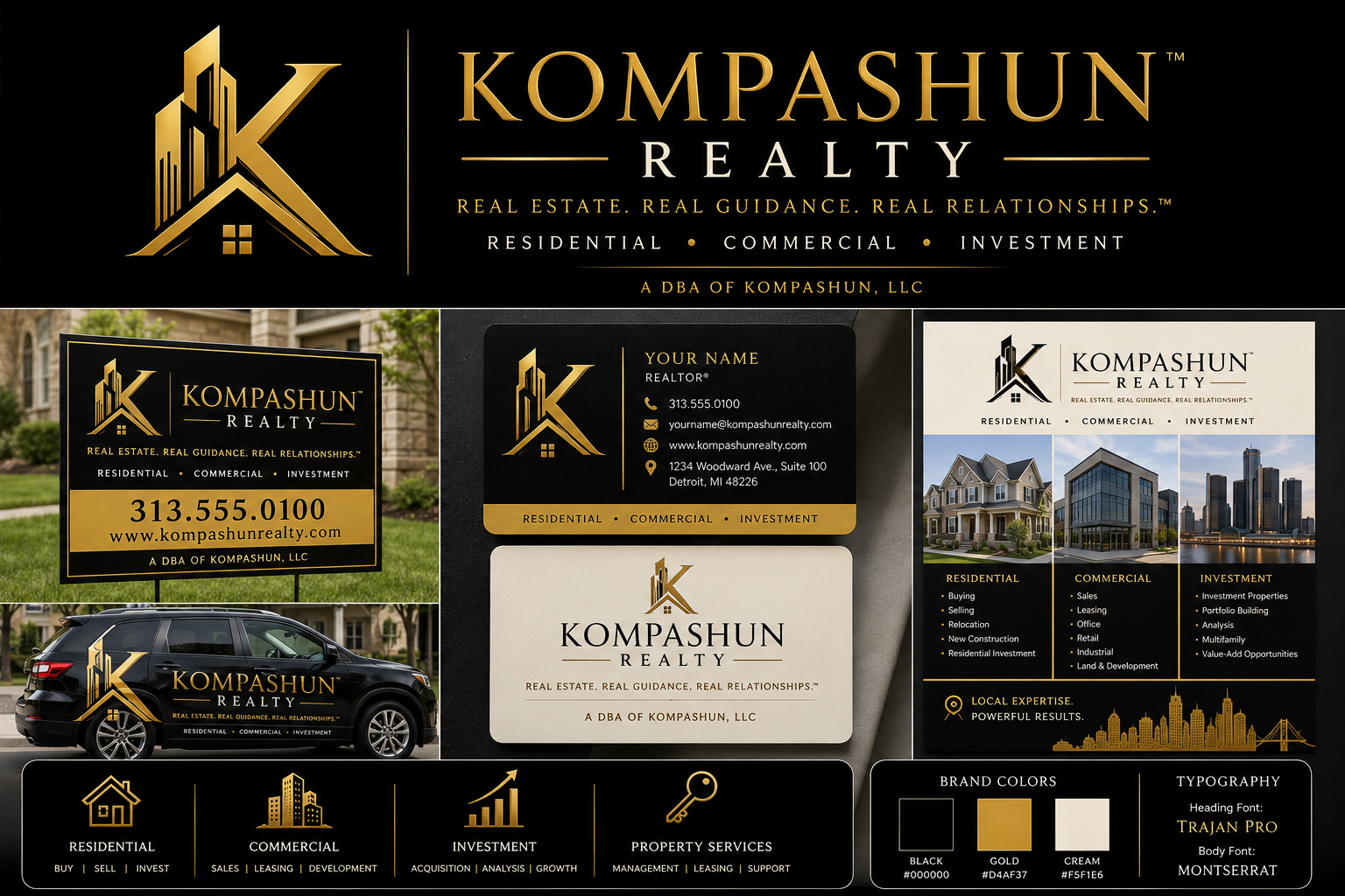 Kompashun Realty brand identity in black, gold, and cream